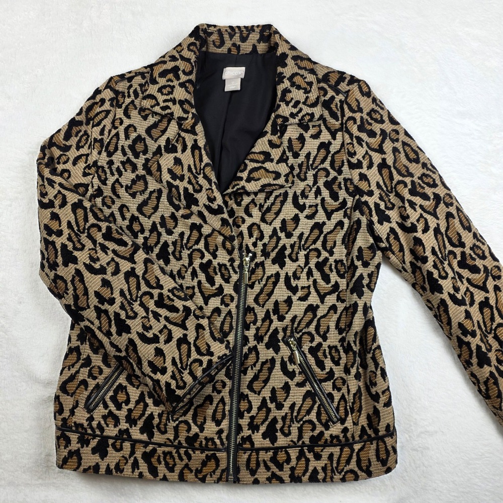 Chico's Leopard Moto Jacket Women Size 0 Small Brown Gold Excellent Animal Print